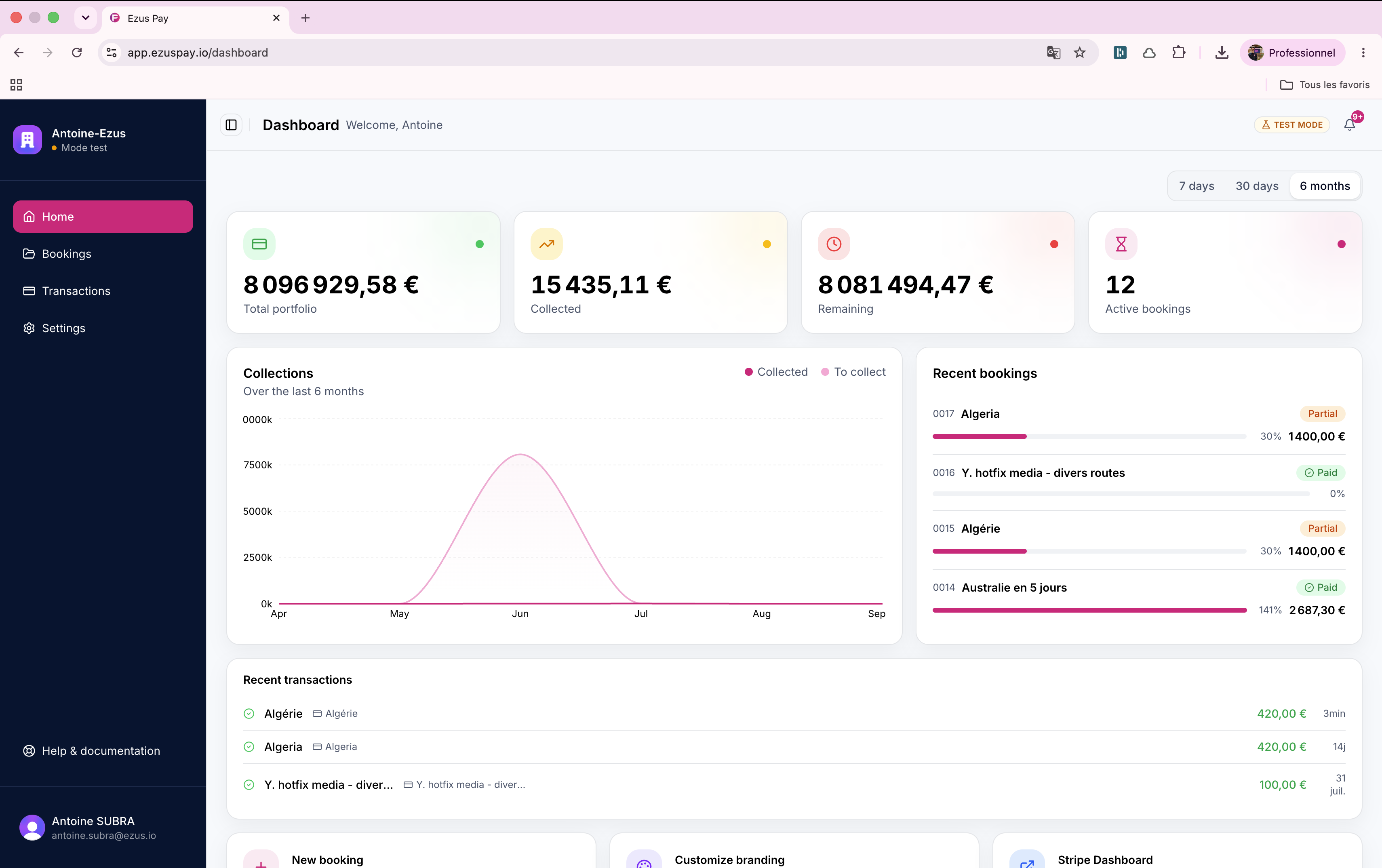 Interfaccia Ezus Pay: generazione e monitoraggio di un link di pagamento da un progetto di viaggio