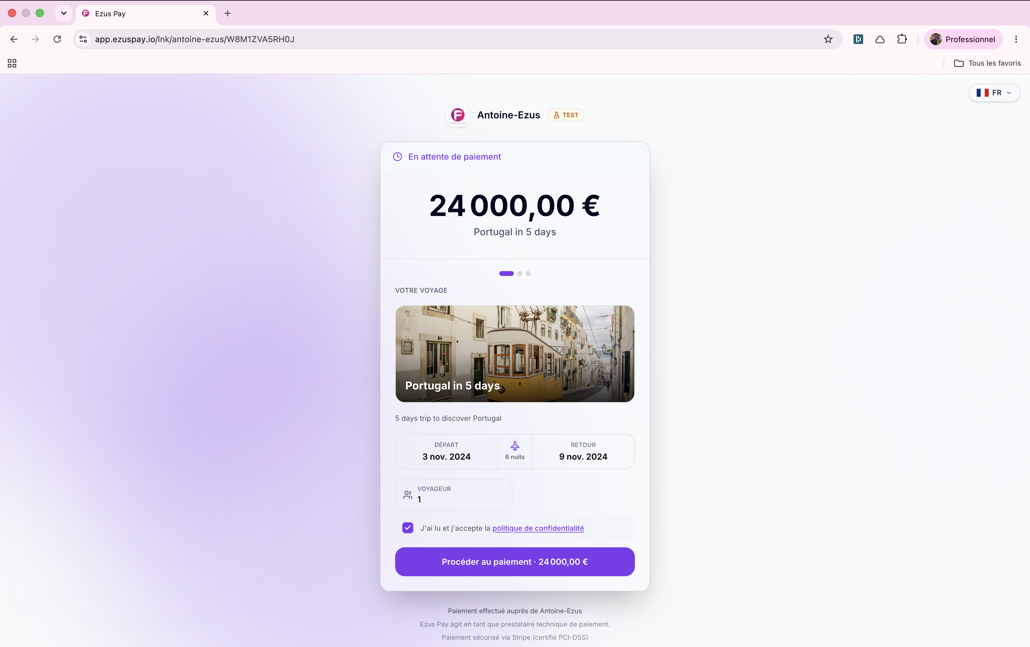 Page de paiement Ezus Pay aux couleurs de l'agence