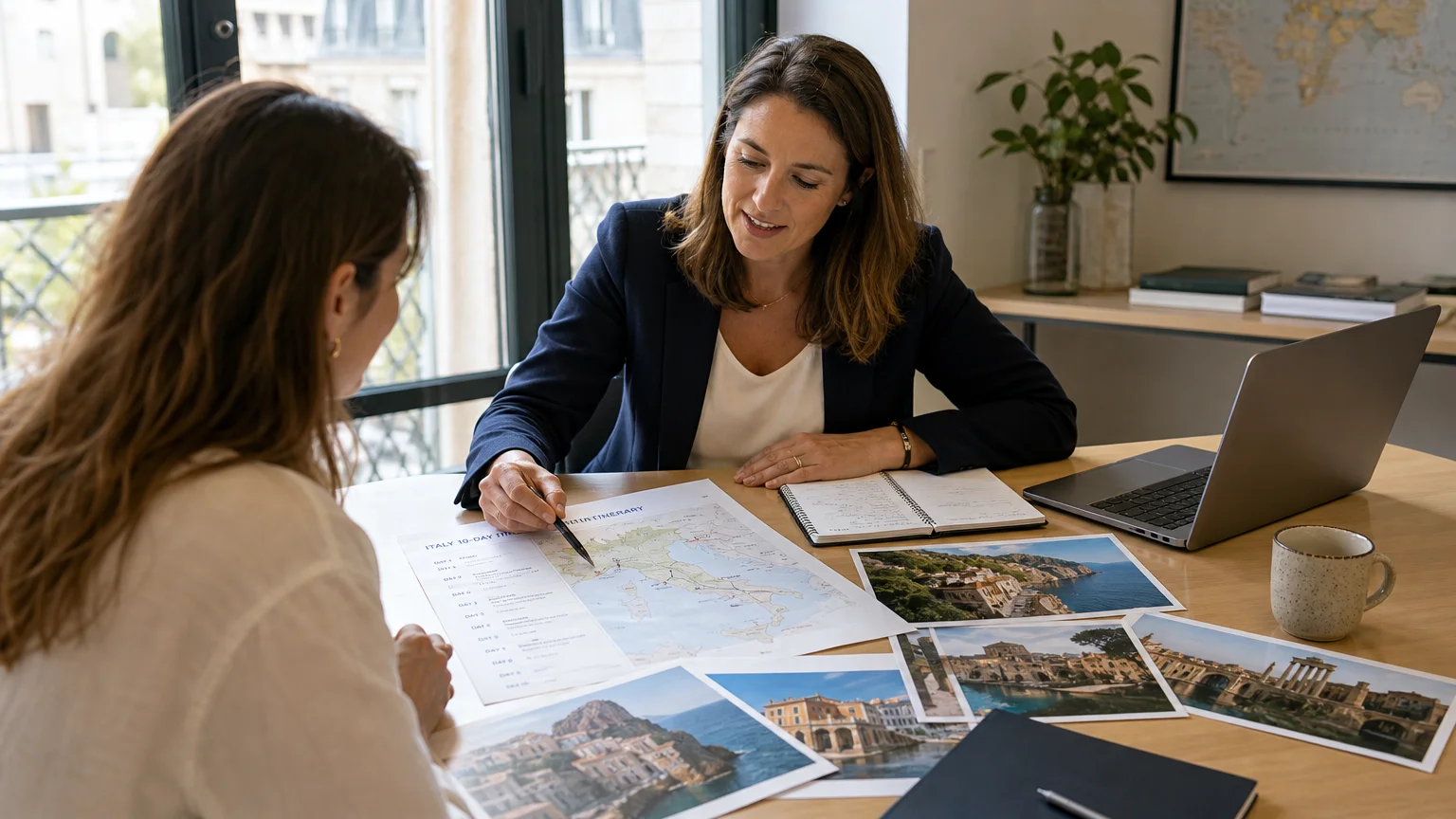 Travel consultant reviewing a personalized itinerary with a client
