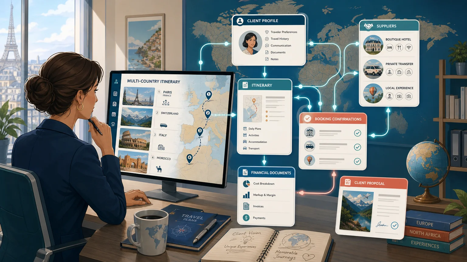 Editorial illustration of travel CRM data connected to itineraries, suppliers, bookings, and financial records