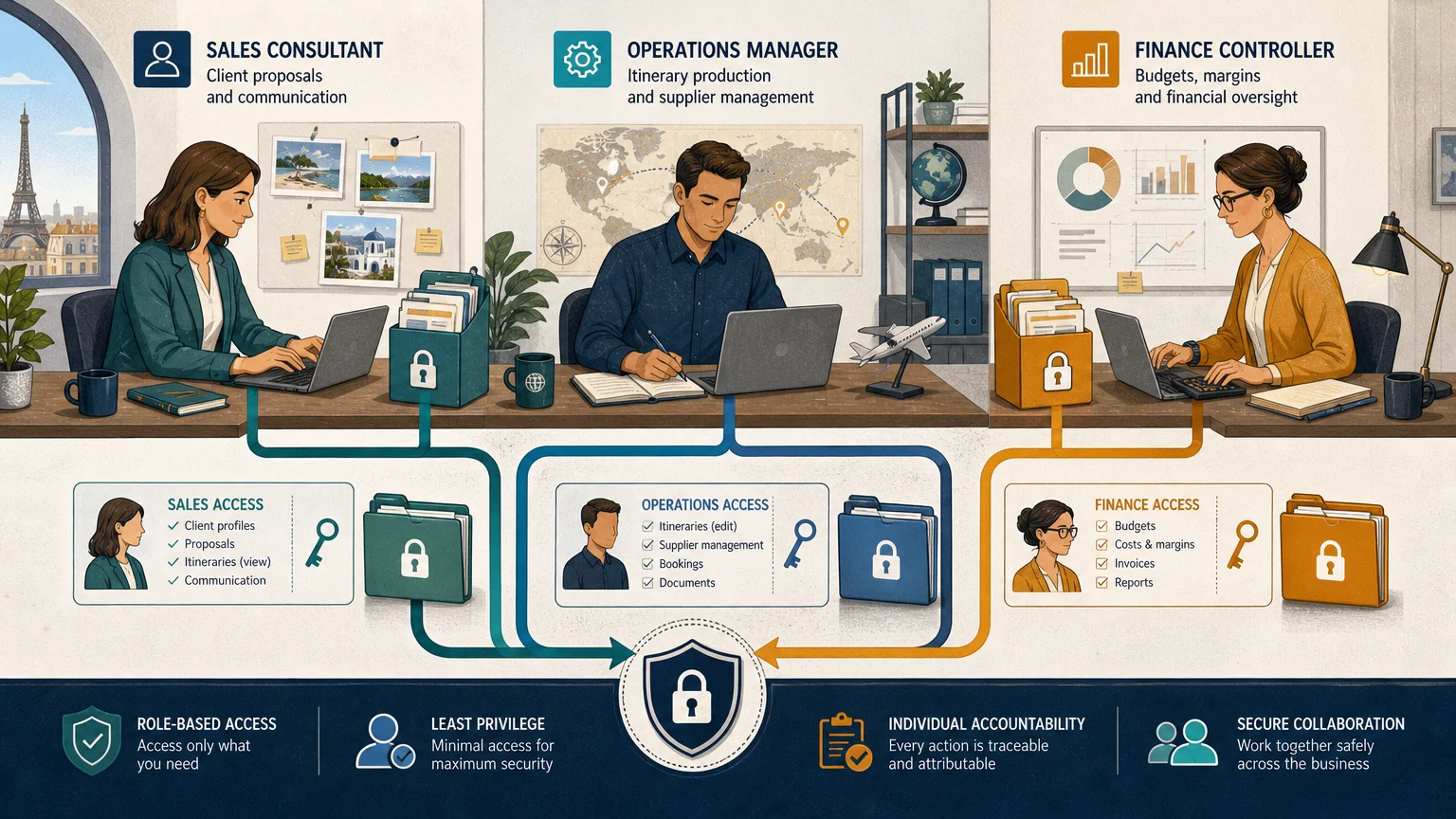 Editorial illustration showing role-based access controls in a tour operator workspace