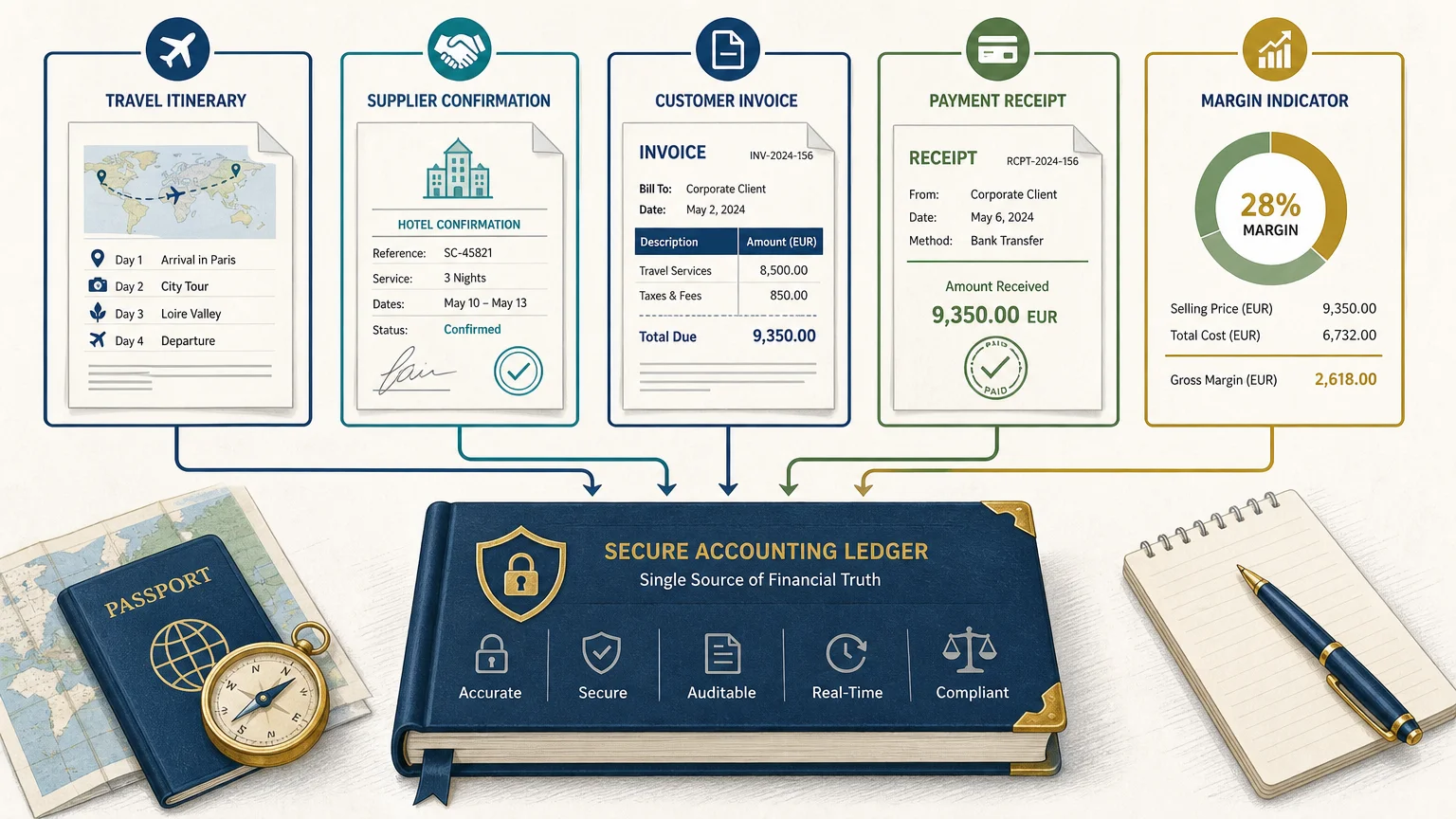 Illustrated booking to accounting workflow for a travel agency