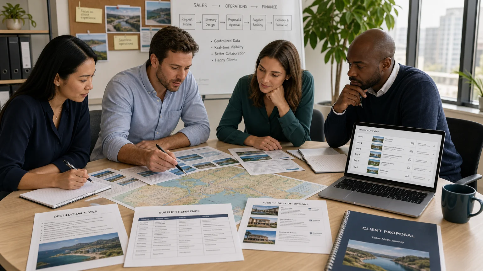 Professionisti del settore viaggi che esaminano un itinerario e una proposta per un cliente