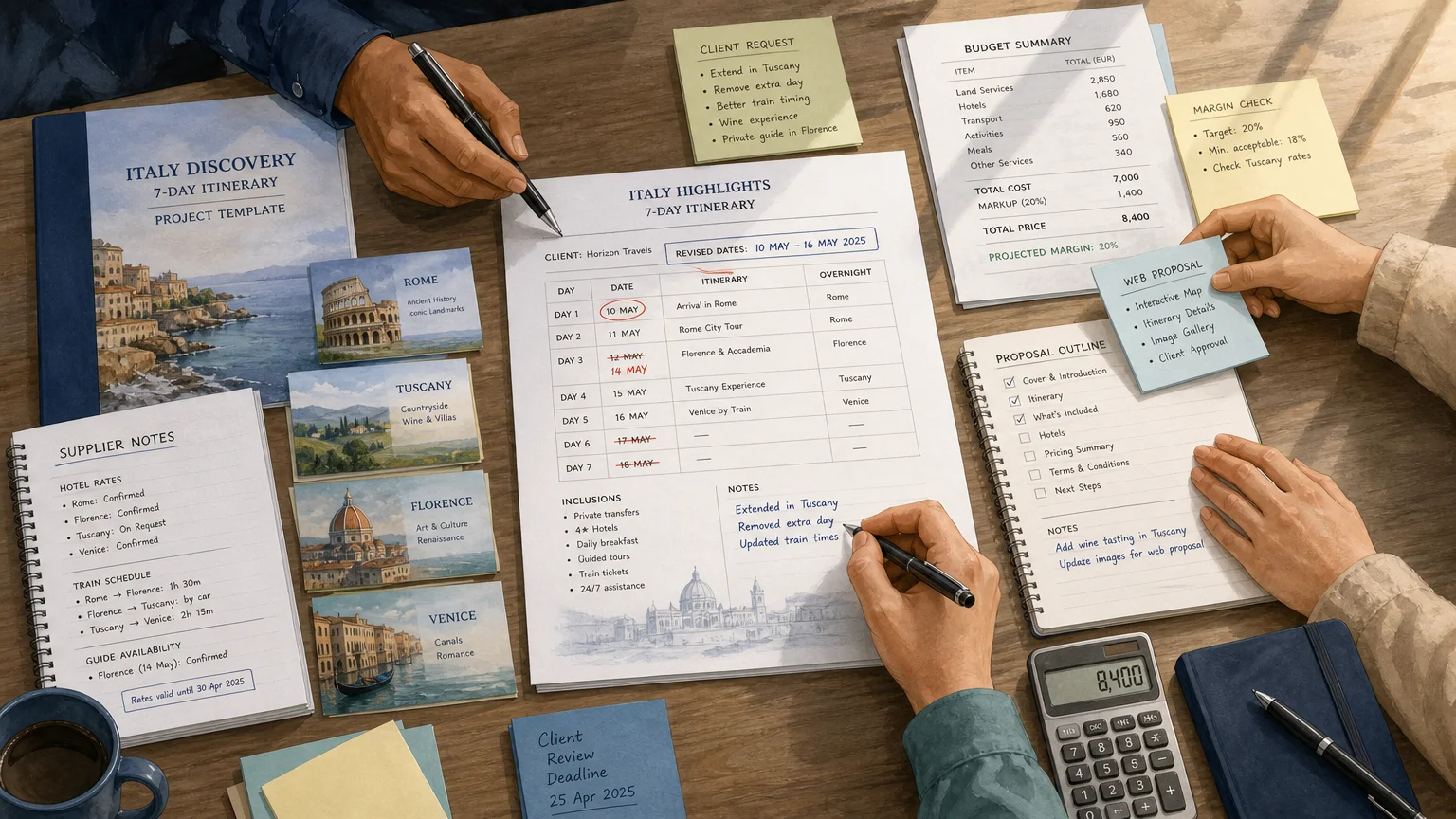 Travel team adapting a reusable itinerary into a client proposal
