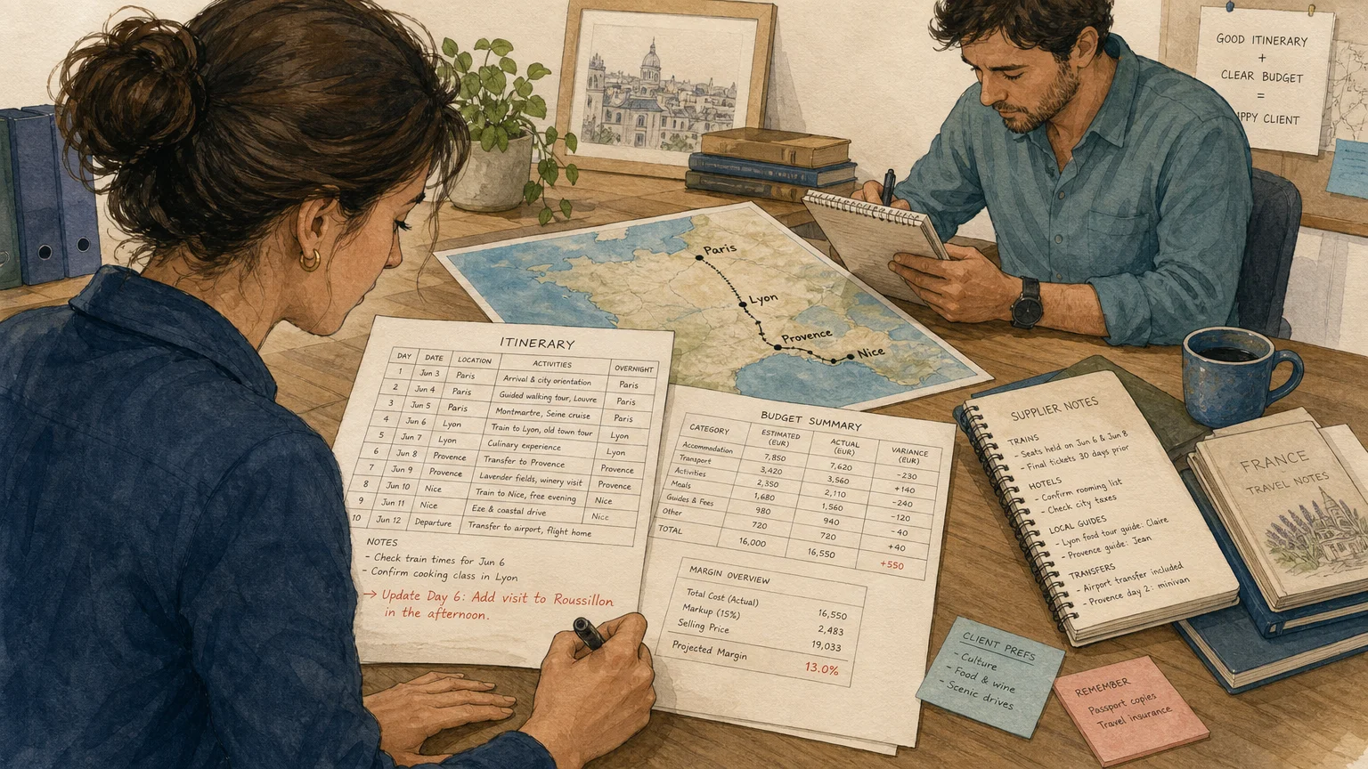 Travel professional coordinating itinerary and supplier details