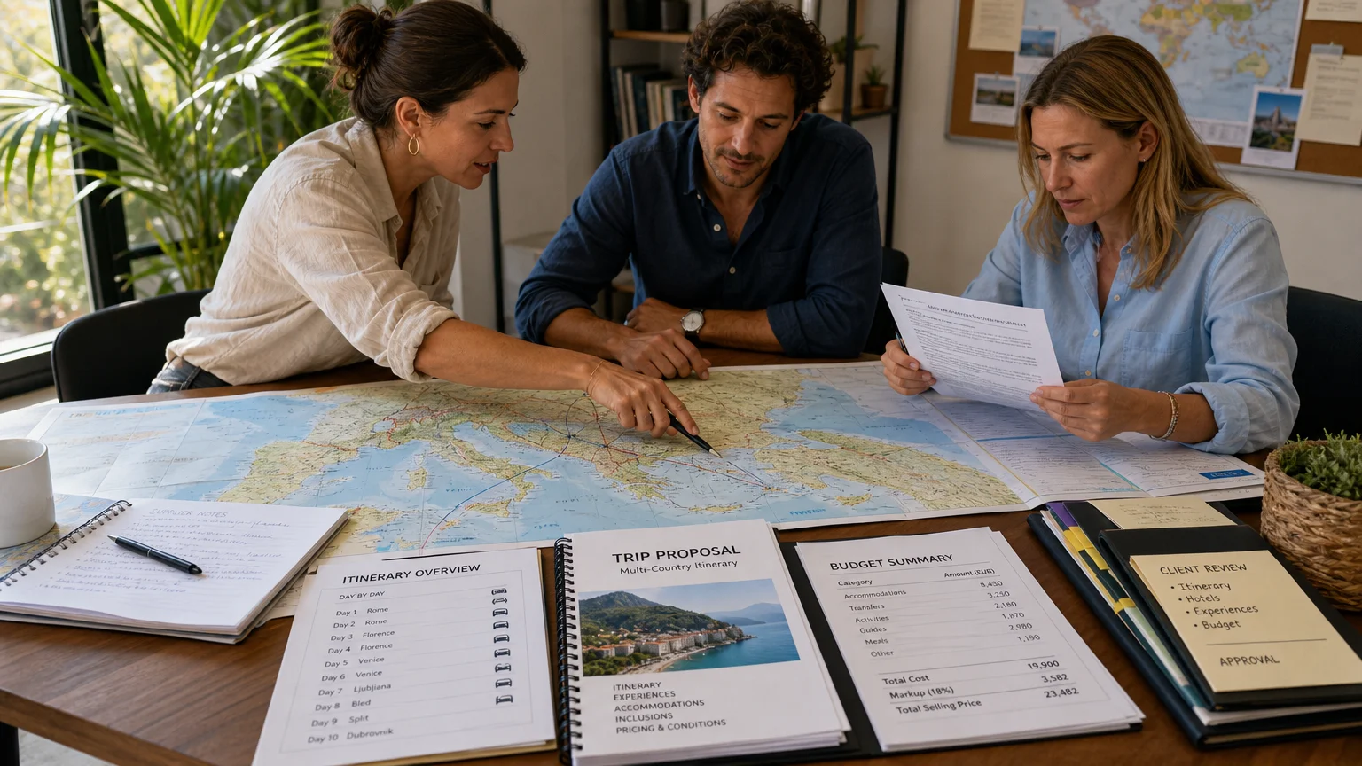 Travel operations team coordinating a multi-country itinerary and supplier information