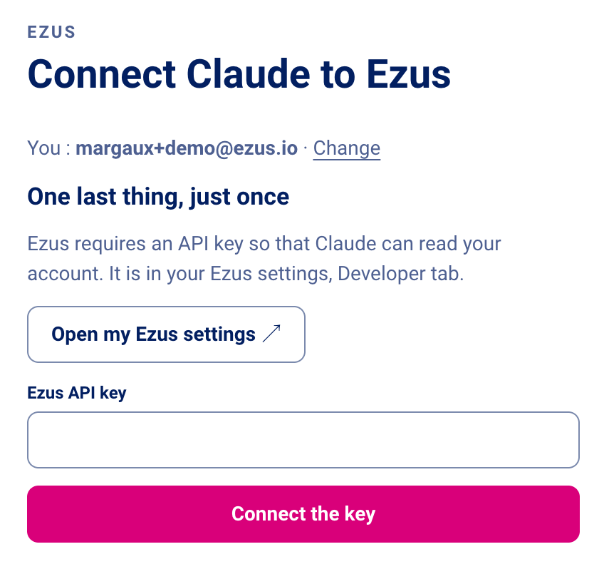 Ezus API key field in the Ezus connector sign-in window for Claude