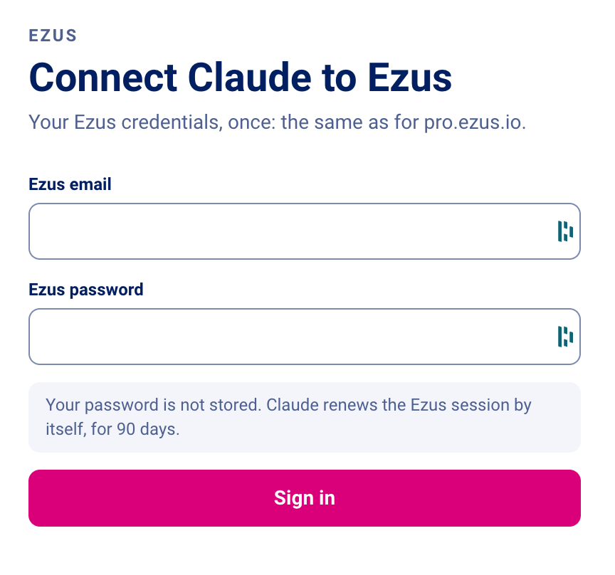 Ezus sign-in window opened from Claude to connect the Ezus connector