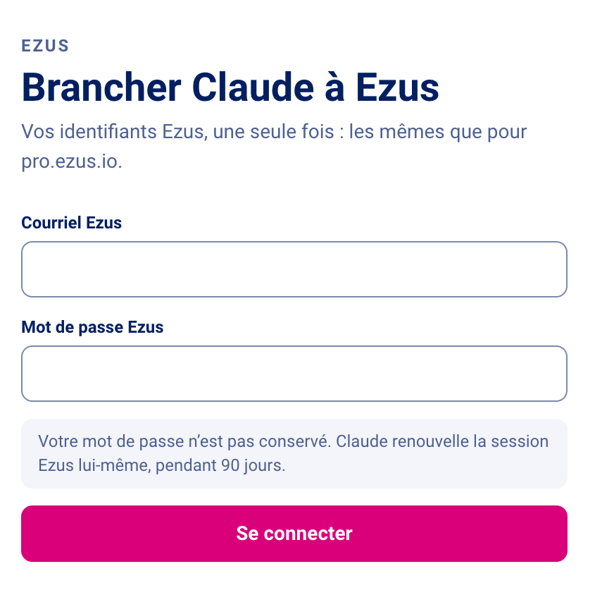 Fenêtre de connexion Ezus ouverte depuis Claude pour brancher le connecteur
