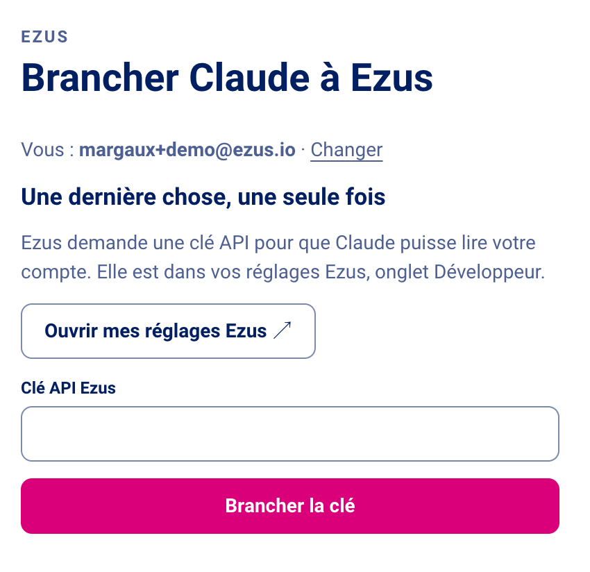 Champ Clé API Ezus dans la fenêtre de connexion du connecteur Ezus pour Claude