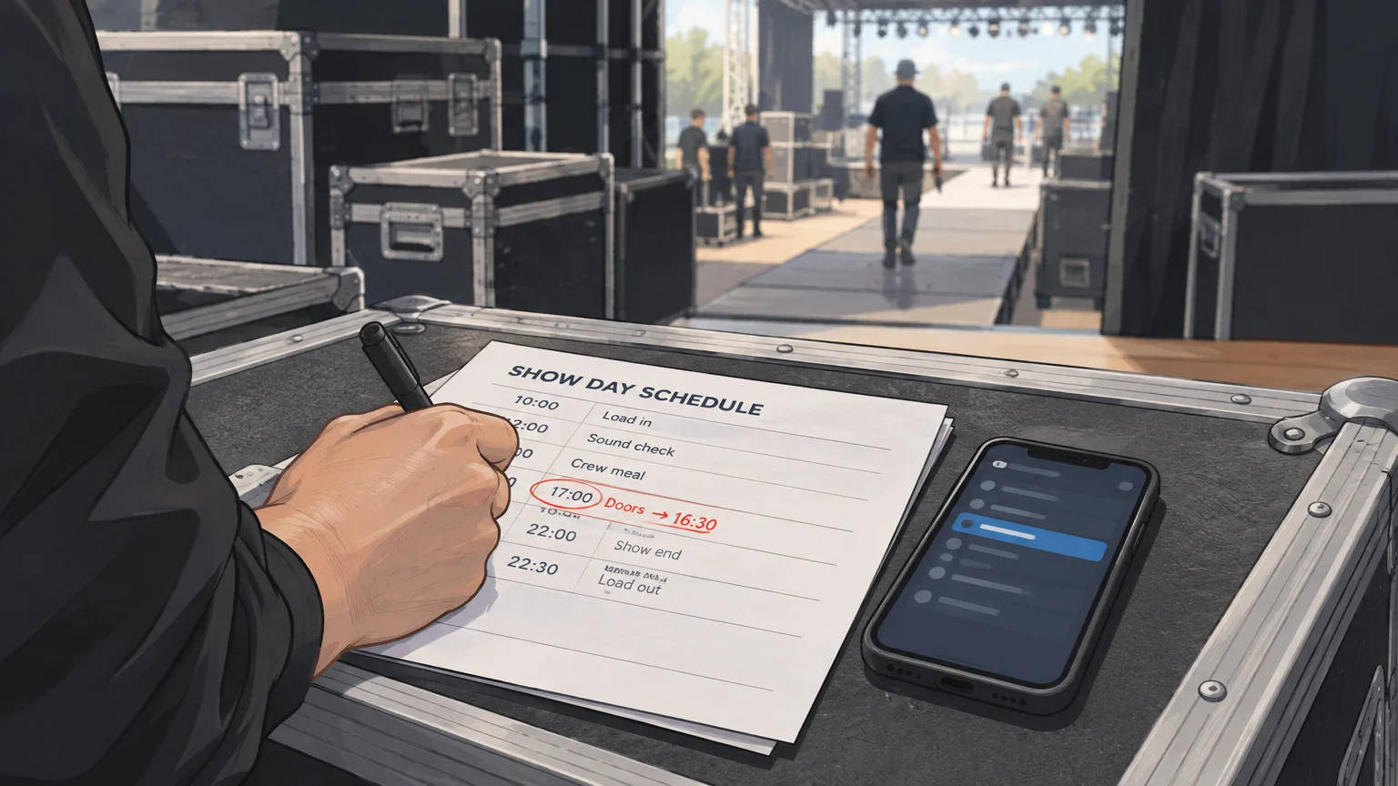 Tour manager updating a show day schedule backstage