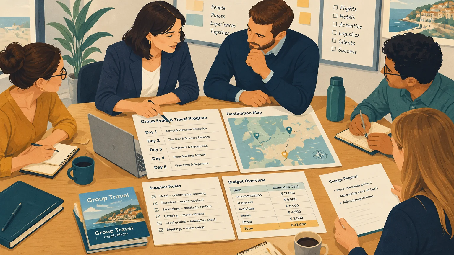 Agency planners coordinating a MICE schedule, travel details, suppliers, and budget