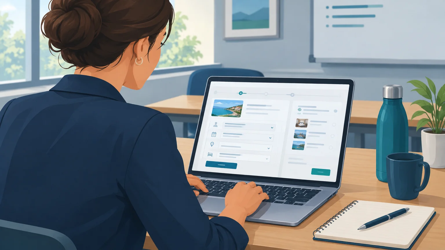 Professionista del turismo che si esercita in un flusso di prenotazione durante la formazione sul software