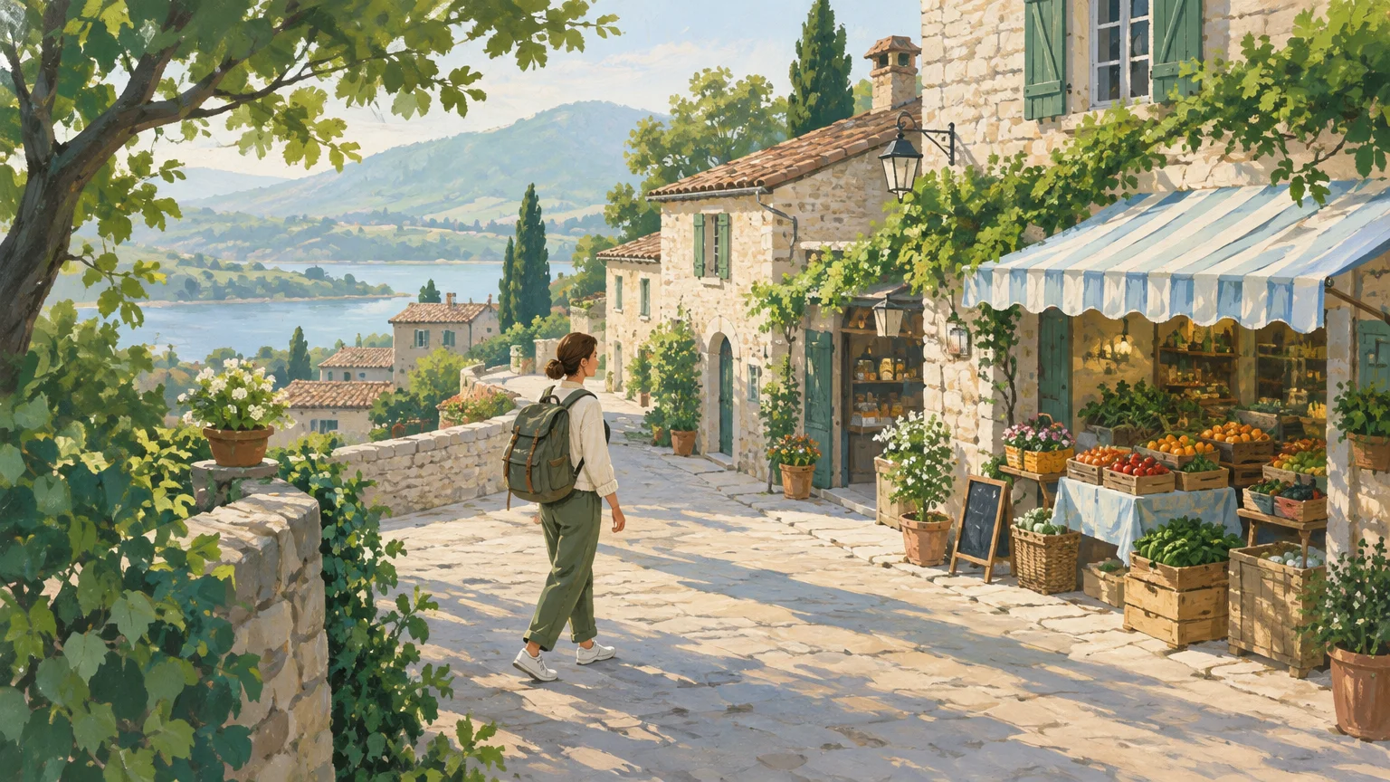 A traveler explores a quiet village during the shoulder season