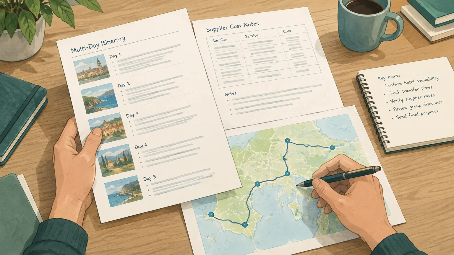 Travel professional reviewing itinerary details and supplier costs