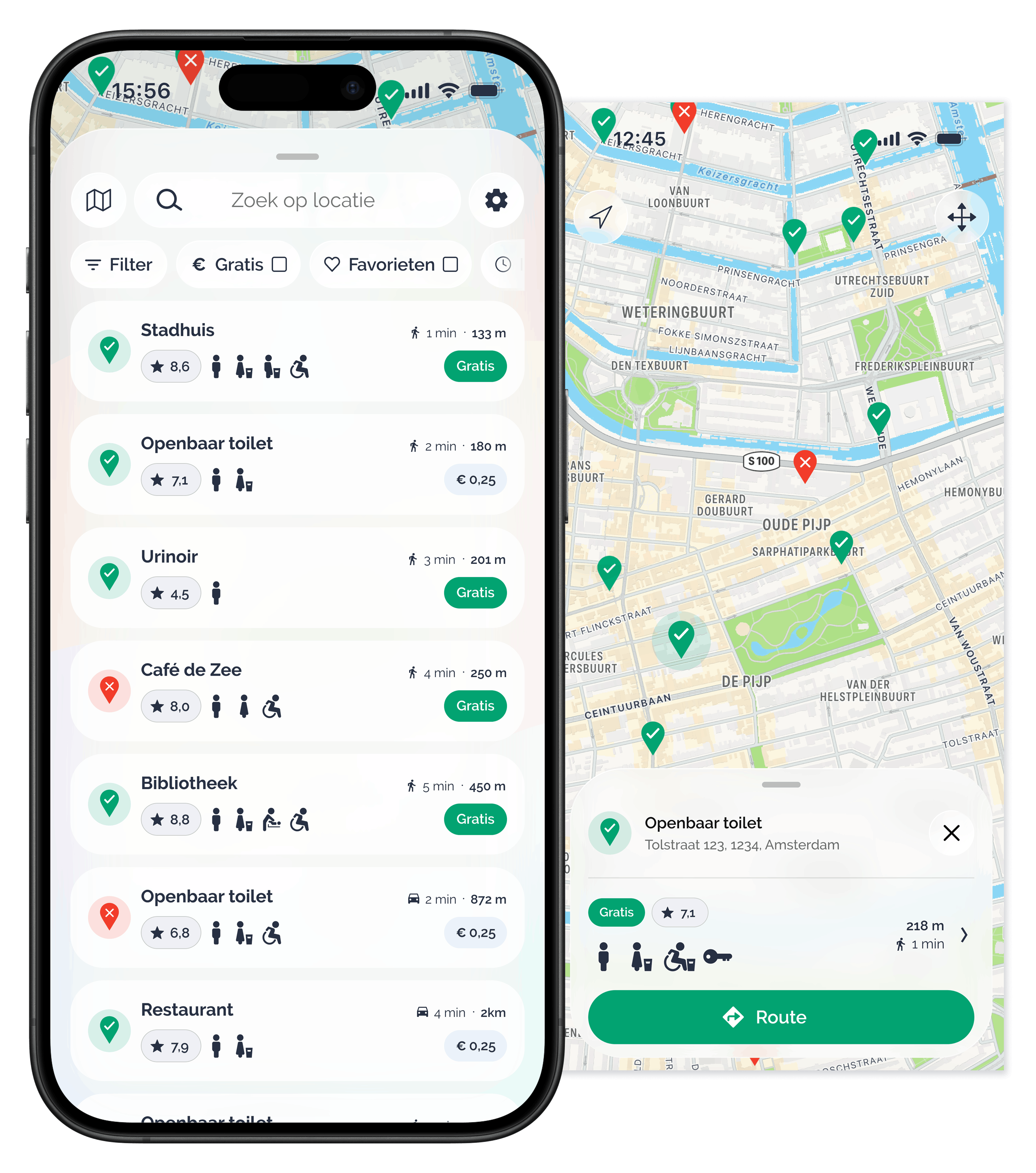Application HogeNood : deux écrans, la liste des toilettes et la sélection des toilettes.