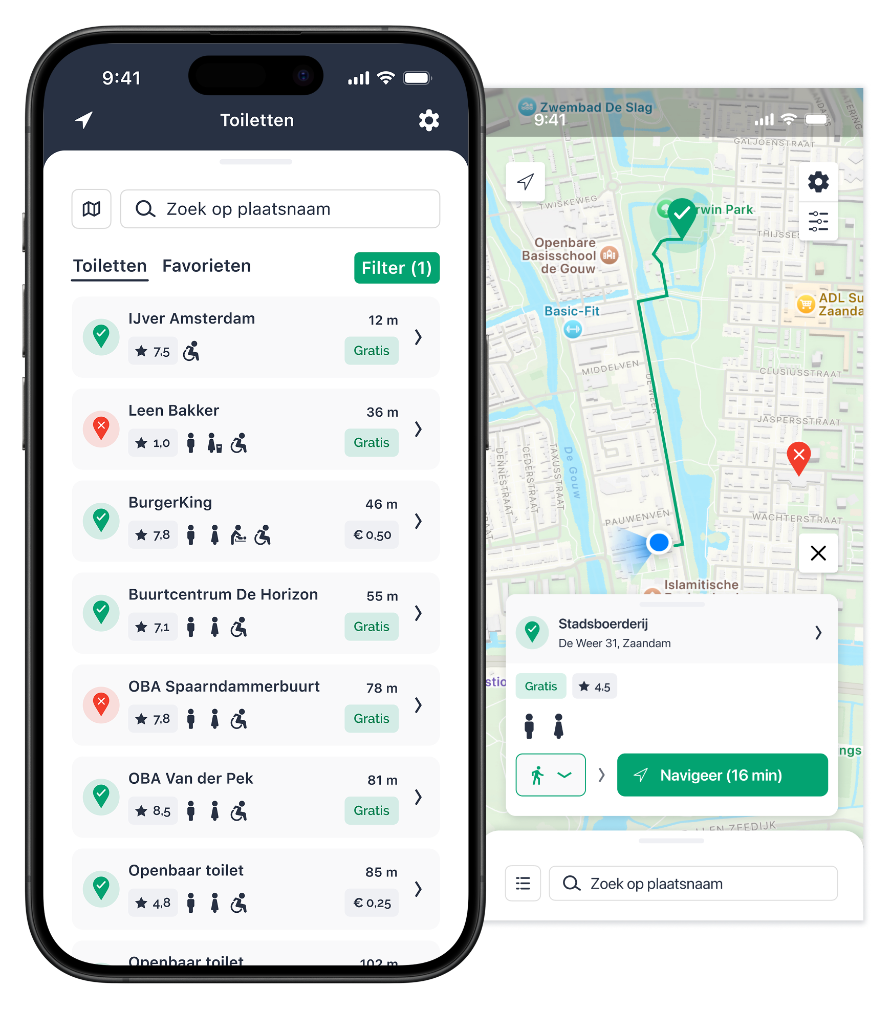 HogeNood app twee schermen, toilettenlijst en toilet selectie

