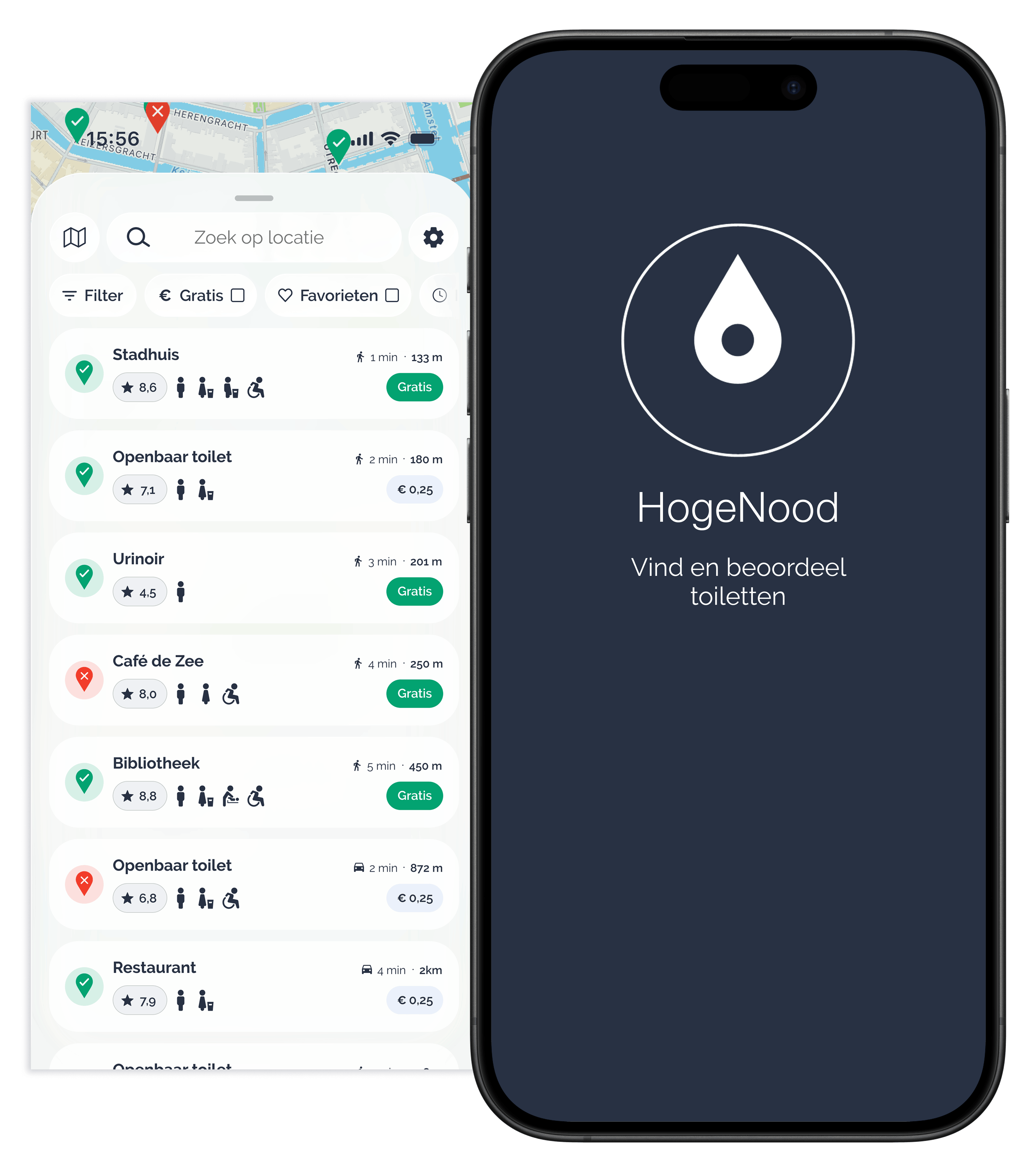 HogeNood app twee schermen laadscherm en toilettenlijst