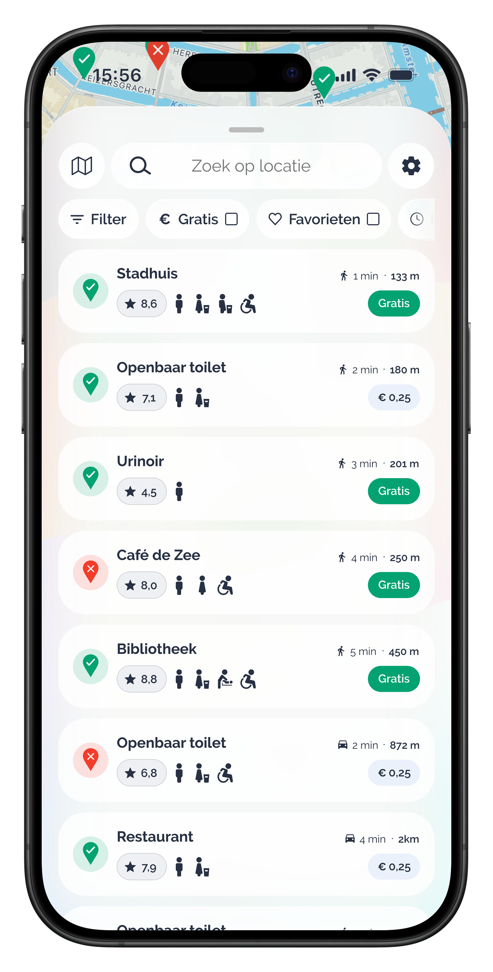 HogeNood app scherm toilettenlijst

