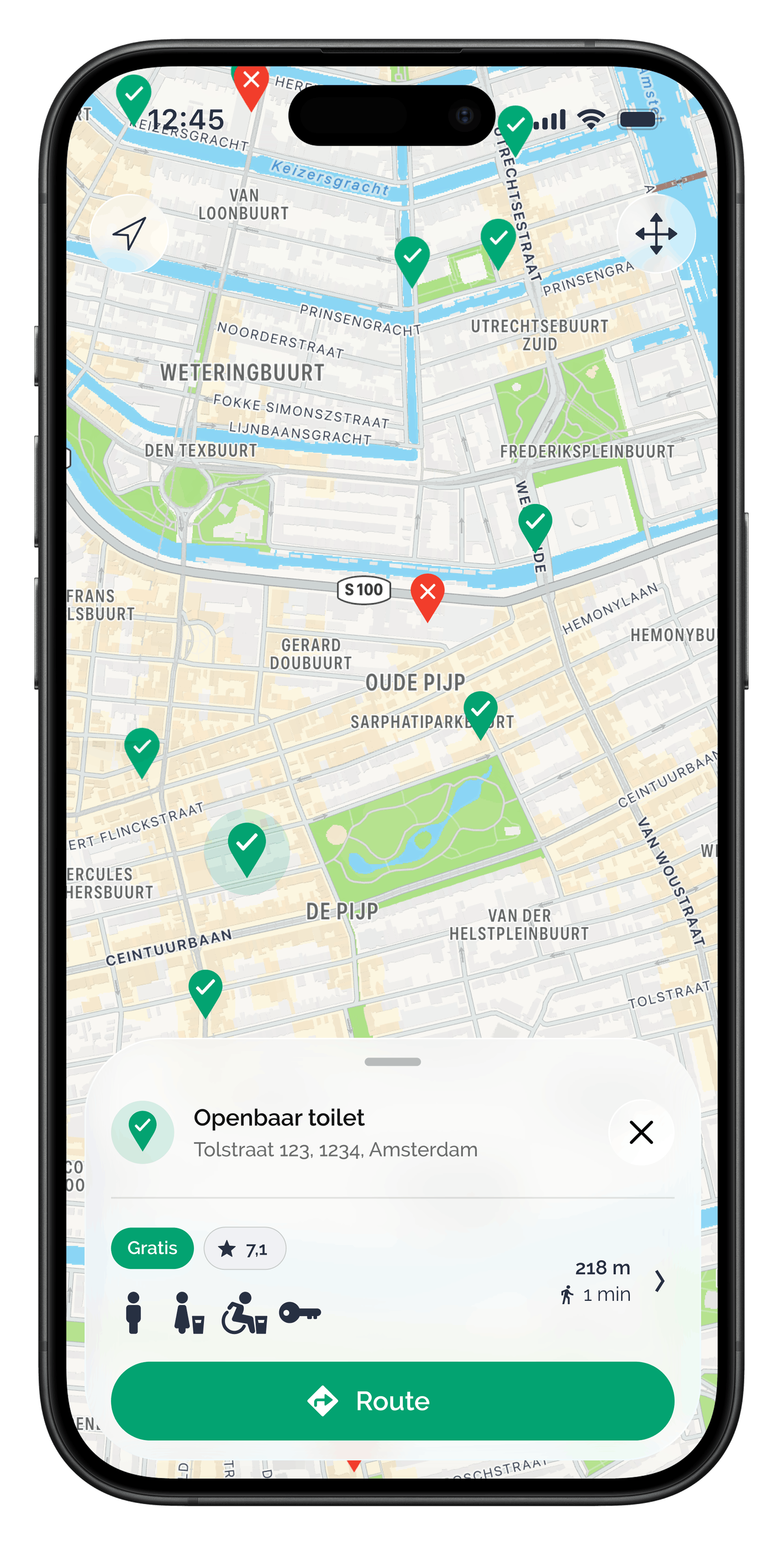 HogeNood app scherm kaart toilet selectie informatie
