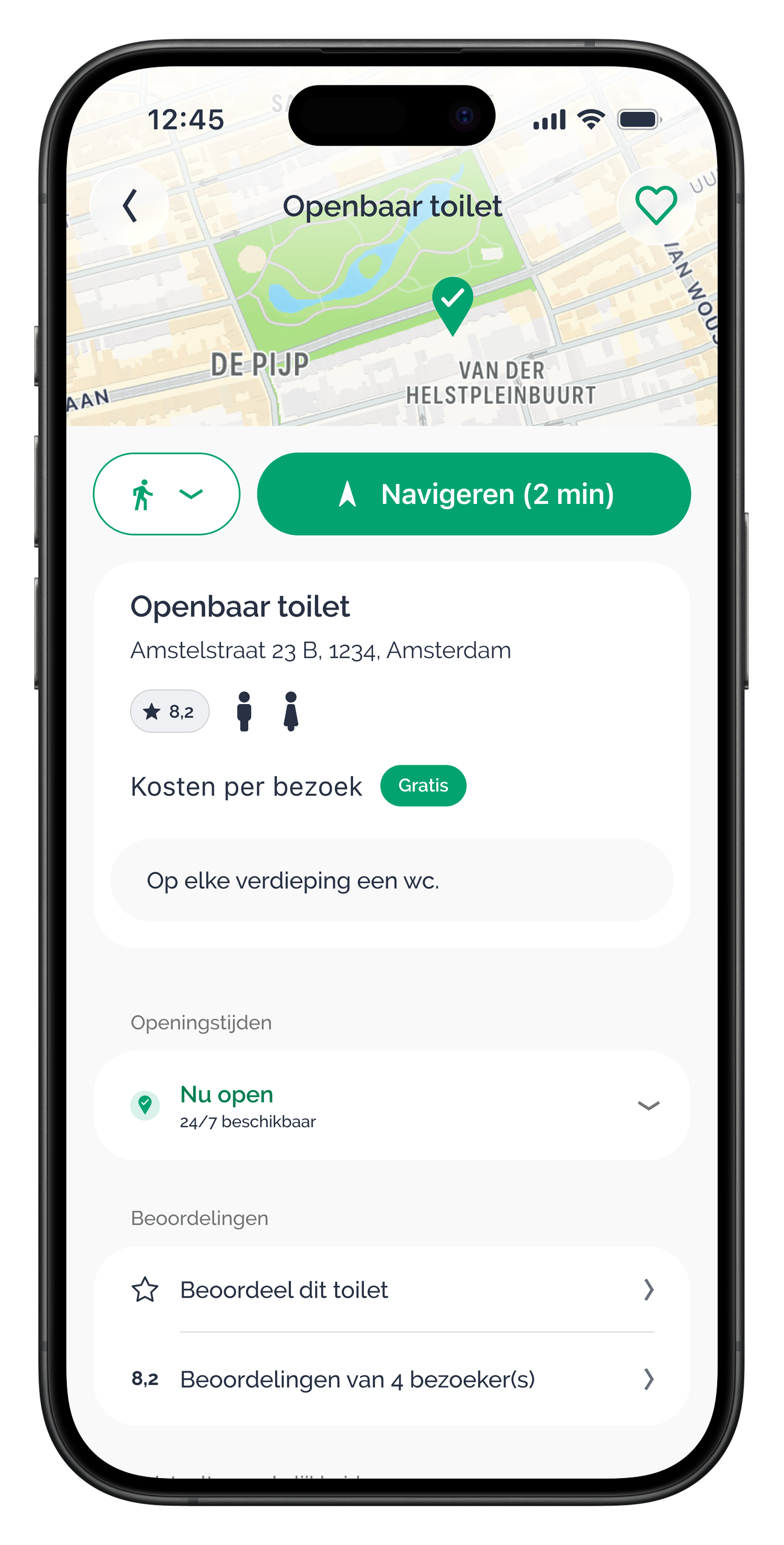 HogeNood app scherm toilet details