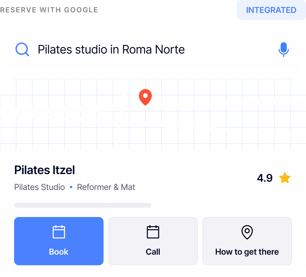 Google search result for Pilates studio in Roma Norte showing Pilates Itzel with 4.9-star rating.