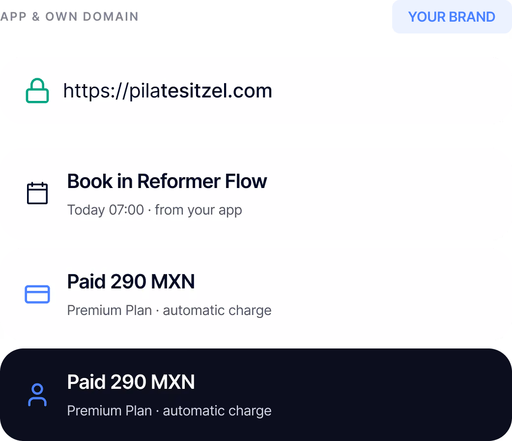Payment confirmation for booking 'Reformer Flow' class at pilatesitzel.com, paid 290 MXN for Premium Plan.