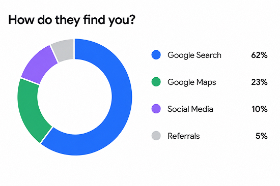 Donut chart showing how clients find you: 62% Google Search, 23% Maps, 10% Social Media, 5% Referrals.