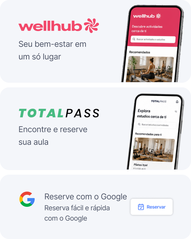 Three cards showing Wellhub, TotalPass, and Google booking platforms with phones displaying fitness class search screens.