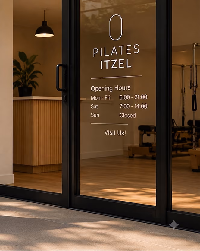 Glass door of Pilates Itzel studio showing logo, business hours, and inviting interior with wooden counter and equipment.