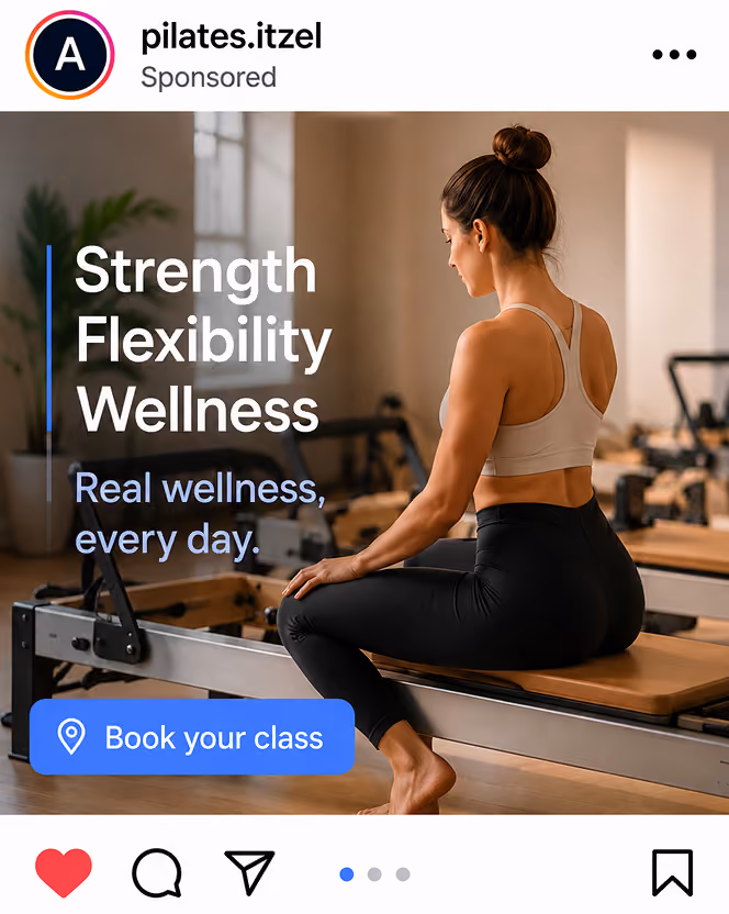 Instagram ad for pilates.itzel showing a woman on a reformer machine with text promoting strength, flexibility, and well‑being.