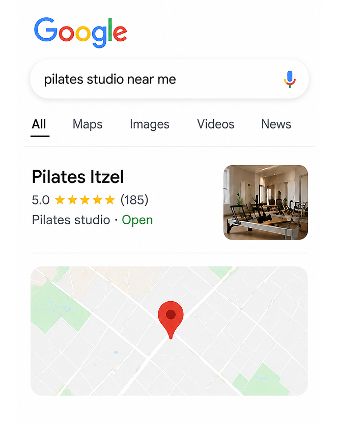Google search for ‘pilates studio near me’ showing Pilates Itzel with 5‑star rating, open status, and map location.