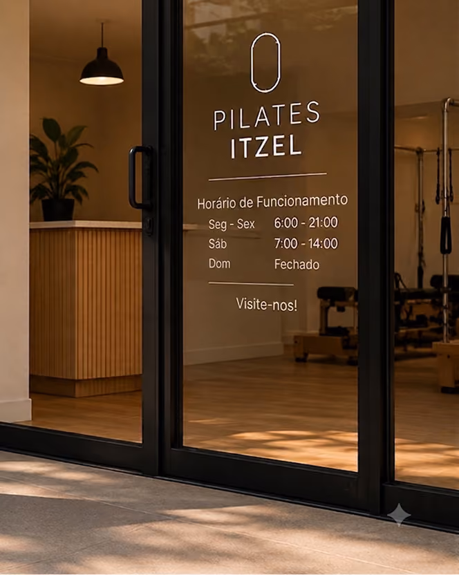 Glass door of Pilates Itzel studio showing logo, business hours, and inviting interior with wooden counter and equipment.