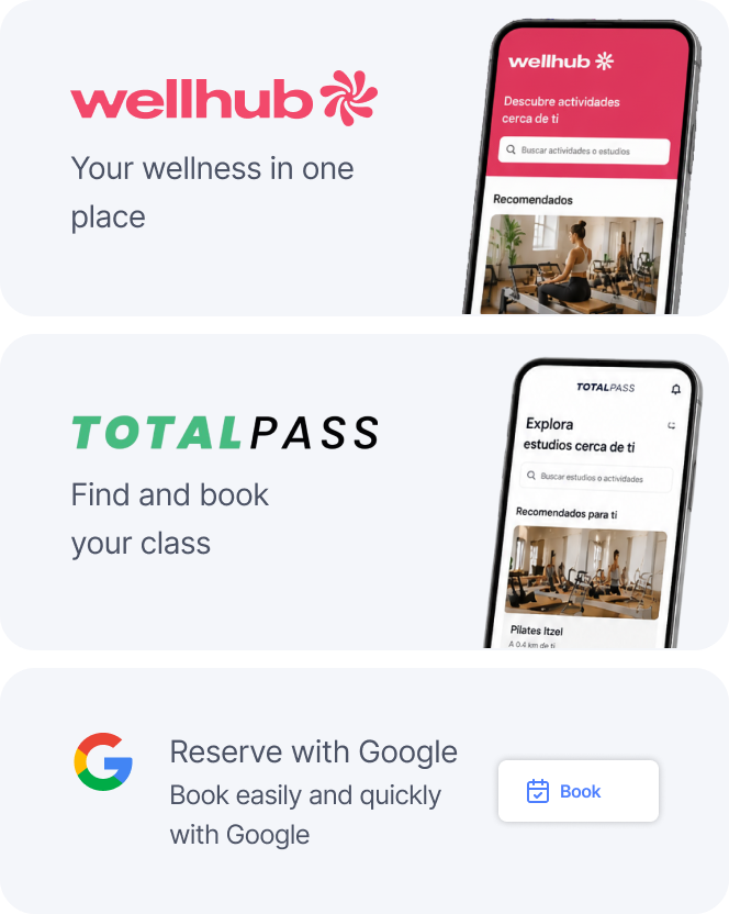 Three cards showing Wellhub, TotalPass, and Google booking platforms with phones displaying fitness class search screens.