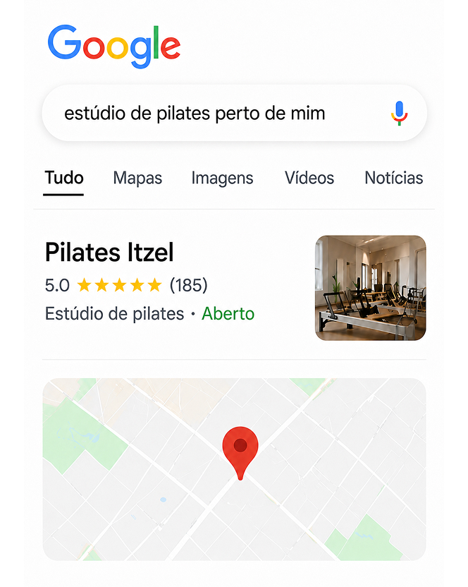Google search for ‘estúdio de pilates perto de mim’ showing Pilates Itzel with 5‑star rating, open status, and map location.
