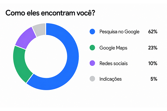 Donut chart showing how clients find you: 62% Google search, 23% Maps, 10% social media, 5% referrals.