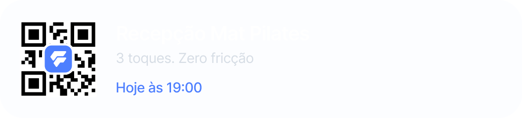 Event card for Reception Mat Pilates with QR code, tagline ‘3 touches. Zero friction,’ and time Today at 7:00 PM
