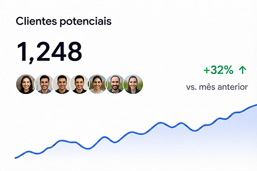 Data card showing 1,248 interested clients, up 32% from previous month, with profile photos and rising line graph