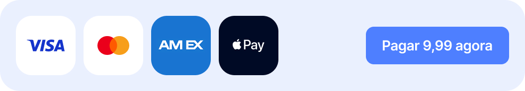 Payment options showing Visa, Mastercard, Amex, and Apple Pay logos with a blue ‘Pay 9.99 now’ button.