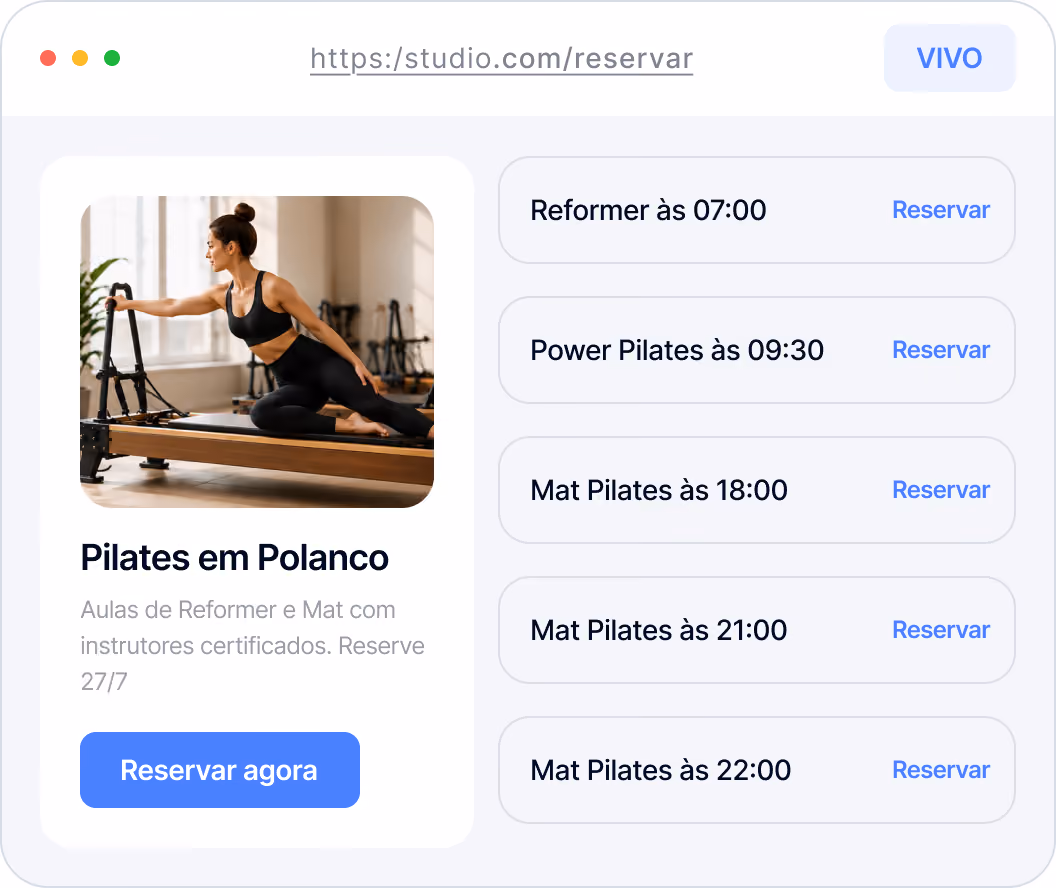 Booking page for Pilates em Polanco showing class options and times with a photo of a woman on a reformer machine.