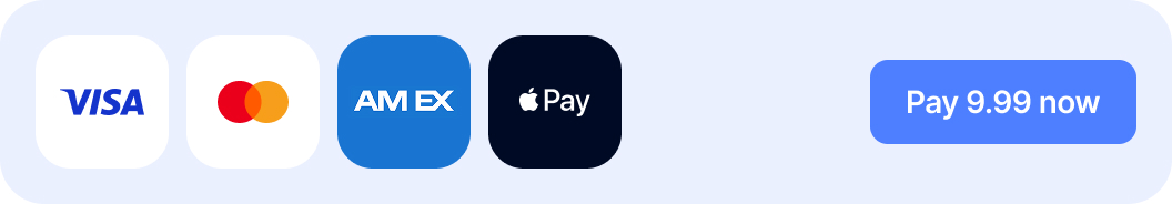 Payment options showing Visa, Mastercard, Amex, and Apple Pay logos with a blue ‘Pay 9.99 now’ button.