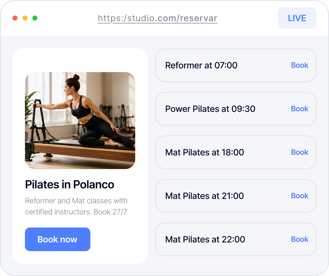 Woman in black athletic wear doing Pilates on reformer machine in a bright studio.