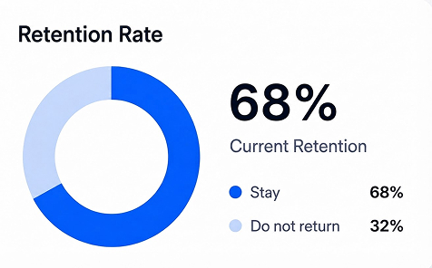 Donut chart showing 68% retention rate, with 68% staying and 32% not returning, labelled ‘Retention Rate.