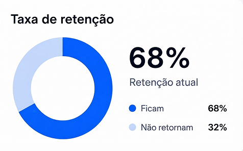 Pie chart showing 68% retention rate, 32% do not return, labeled in Portuguese.