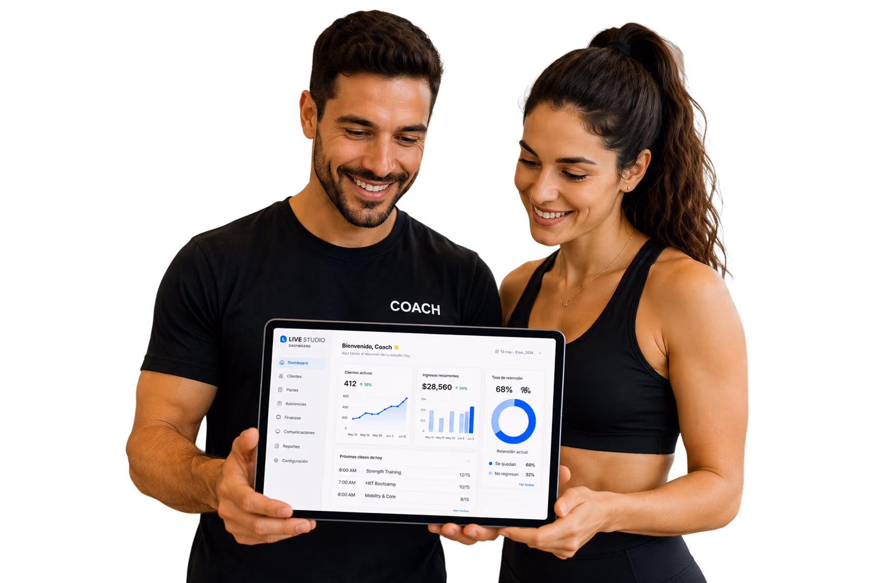 Smiling man and woman in athletic wear holding tablet showing fitness studio dashboard with stats and schedule.