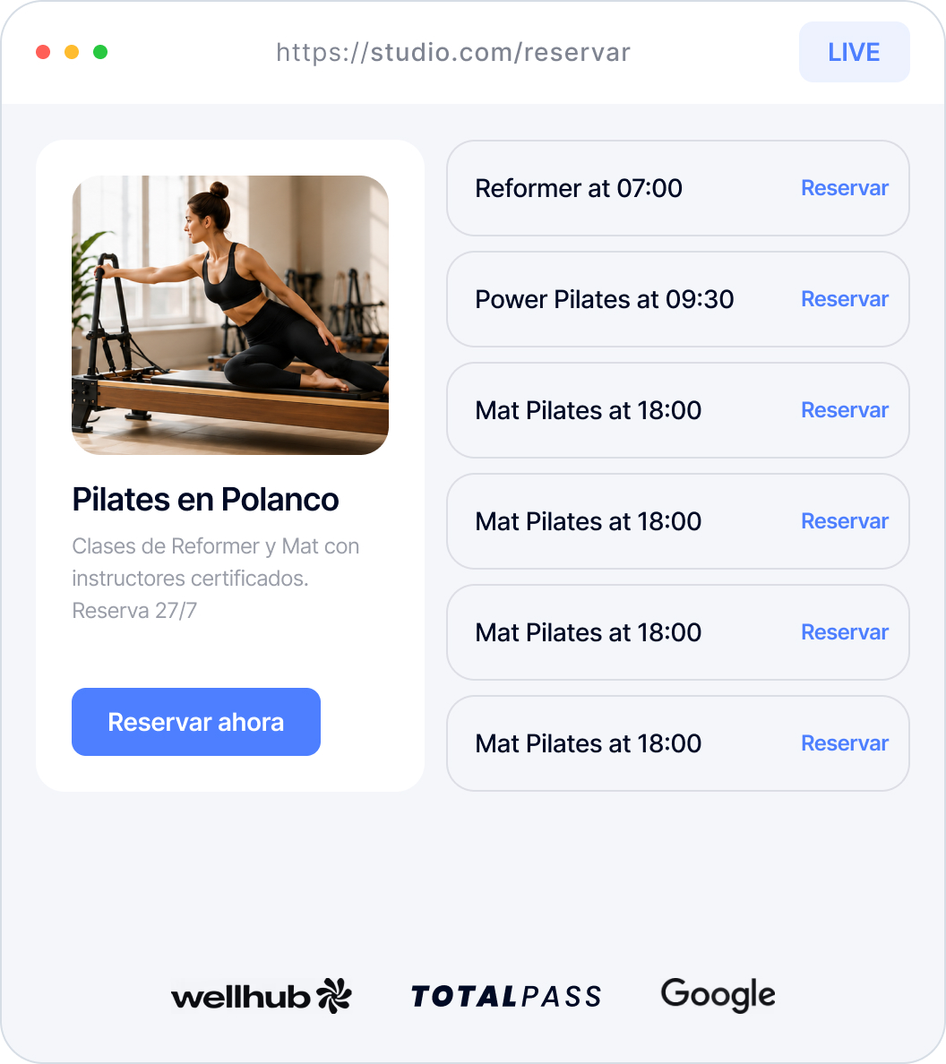 Woman doing Pilates on reformer machine with class schedule and booking options on the right.