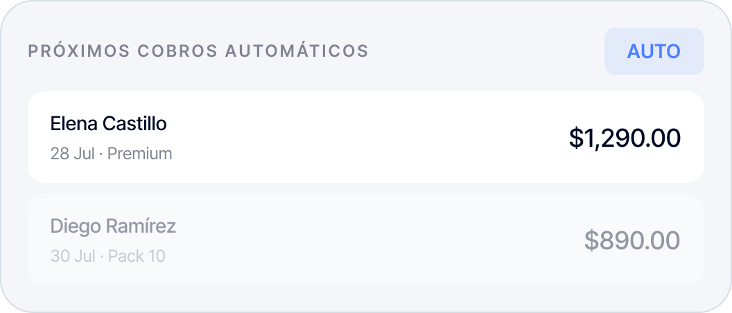 List showing upcoming automatic payments for Elena Castillo and Diego Ramírez with amounts and dates.