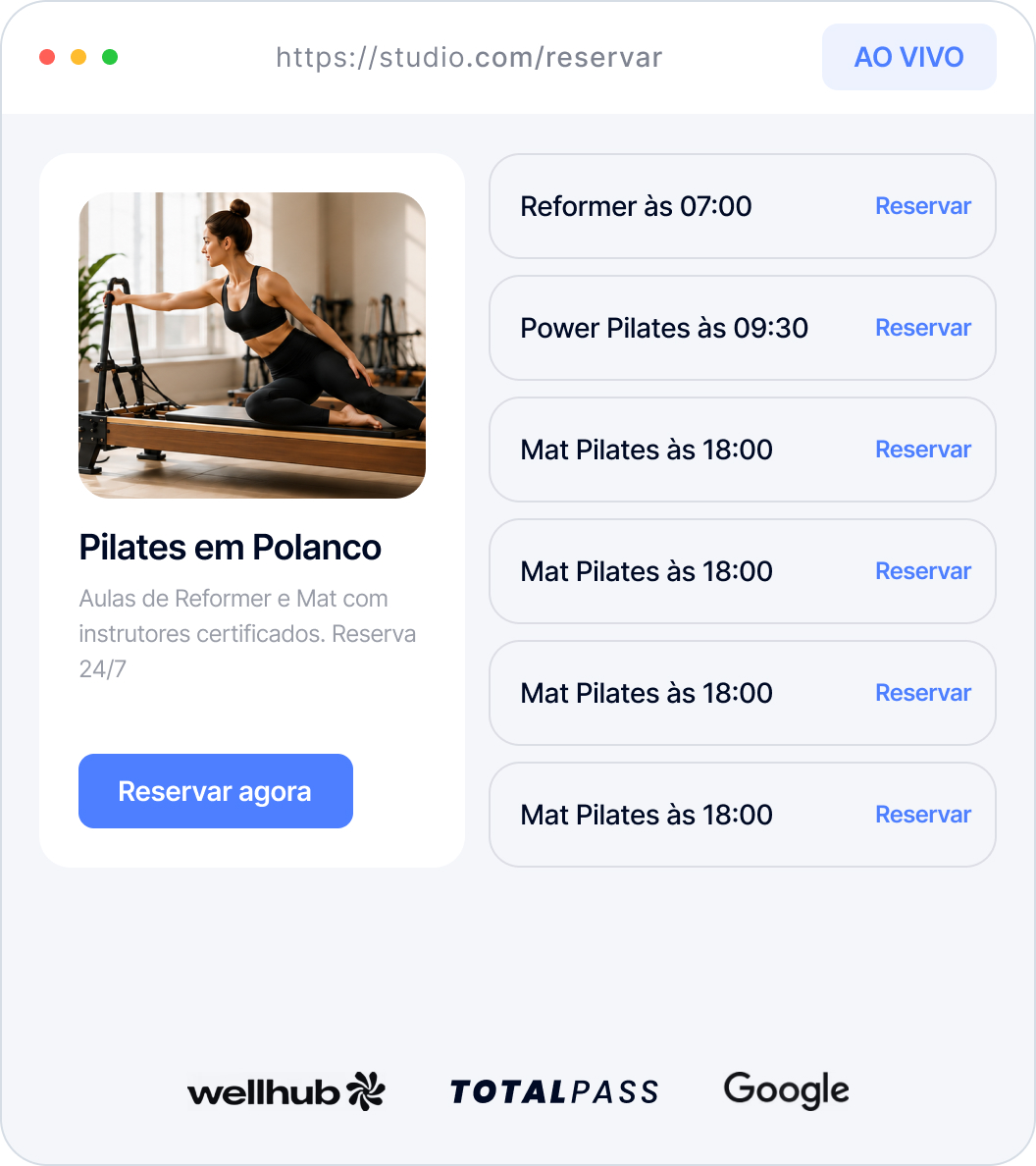 Woman exercising on Pilates reformer machine in a bright studio with class booking options listed.