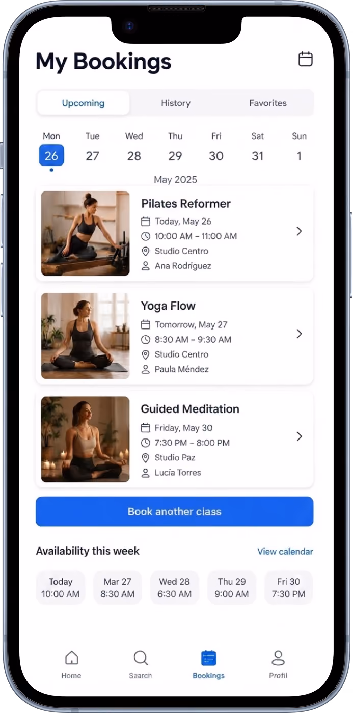 Mobile screen showing upcoming bookings for Pilates, Yoga, and Meditation classes in May 2025.