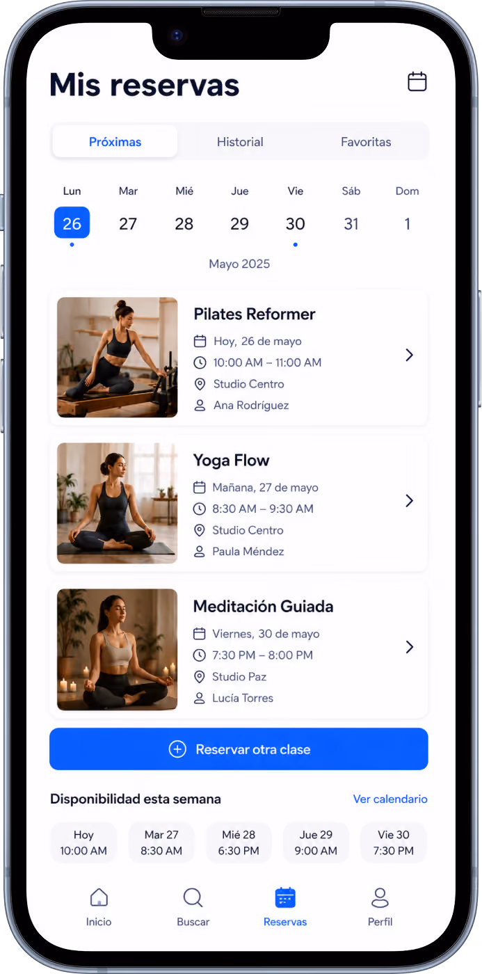 Phone screen showing a fitness app with upcoming Pilates, Yoga, and Guided Meditation class bookings for May 2025.